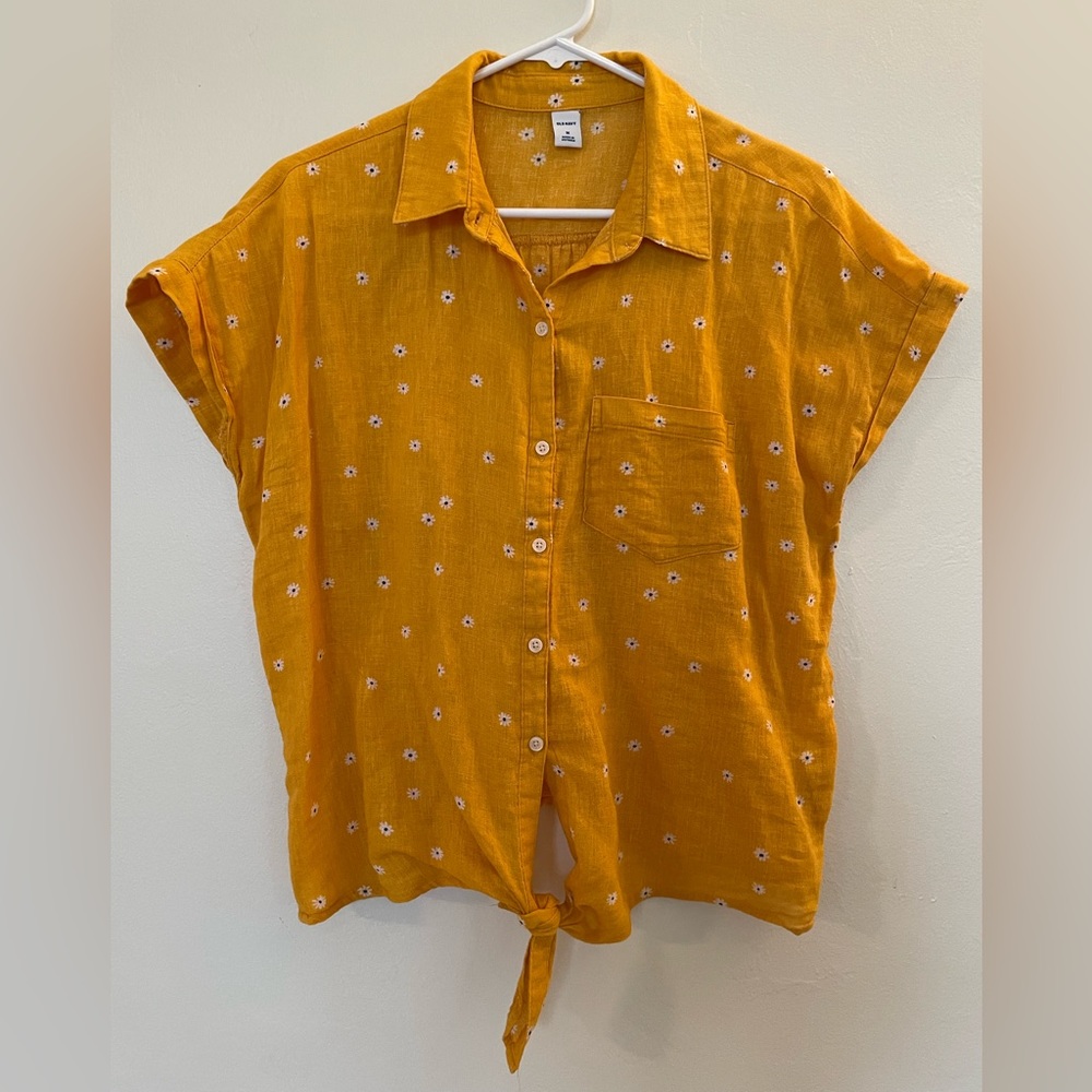 Old Navy Womens Medium Yellow Floral Linen Tie Button Up Shirt